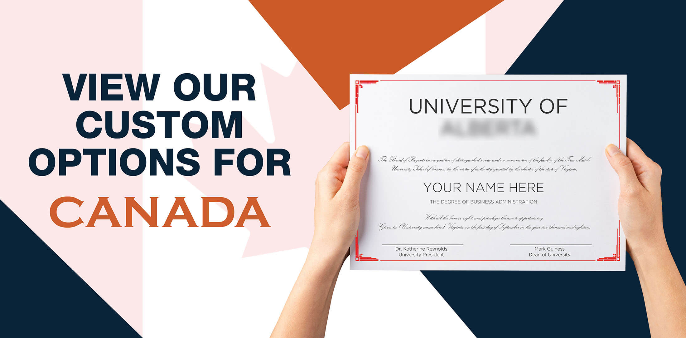 hands holding high quality realistic fake Canada degrees from DiplomaCompany.com