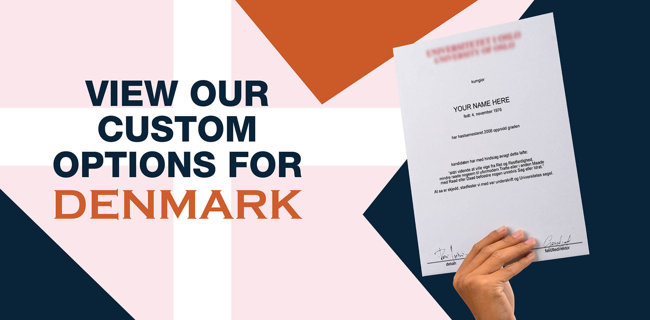 hands holding high quality realistic fake Denmark degrees from Diploma Company UK!