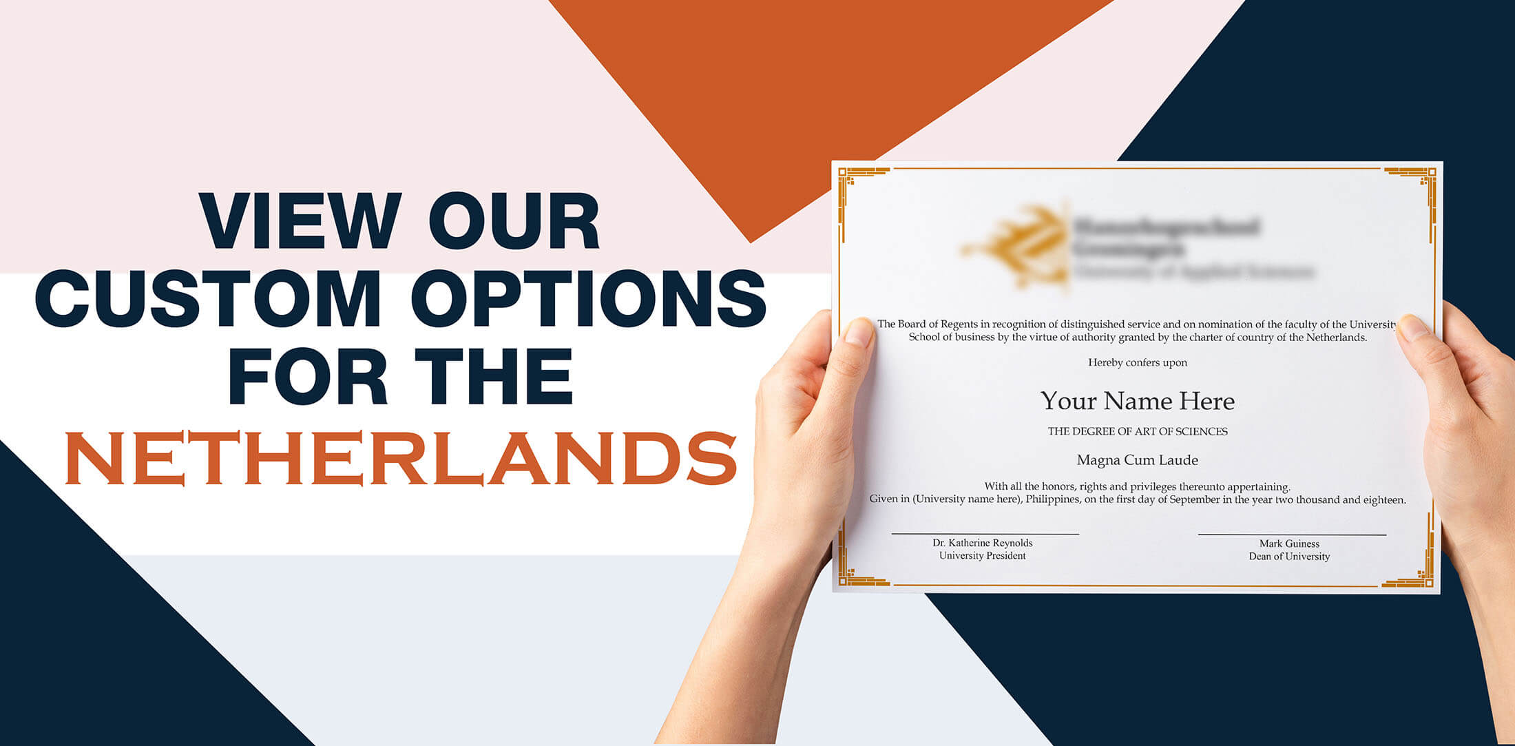 hands holding high quality realistic fake Netherlands degrees from Diploma Company!
