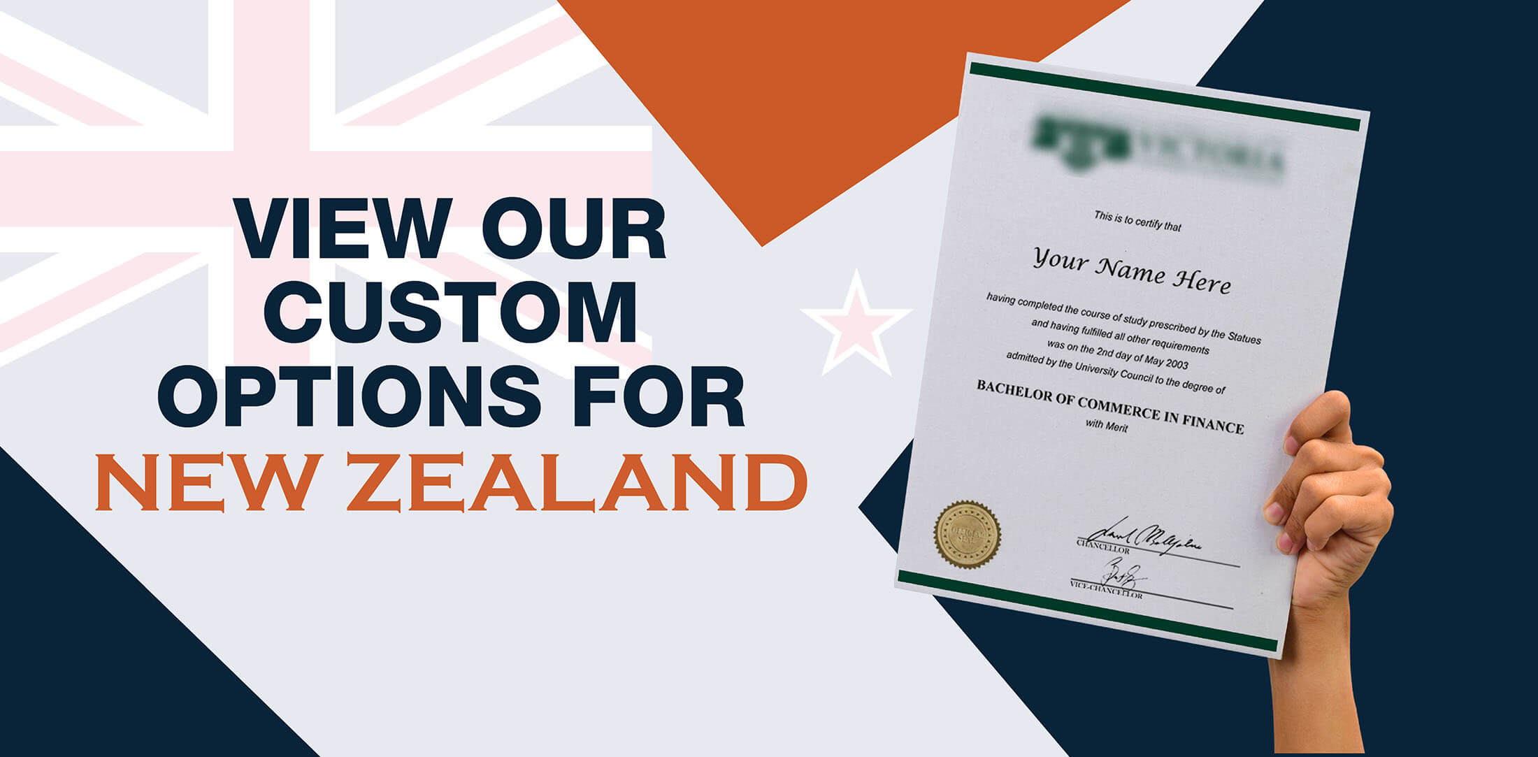 hands holding high quality realistic fake New Zealand degrees from Diploma Company!