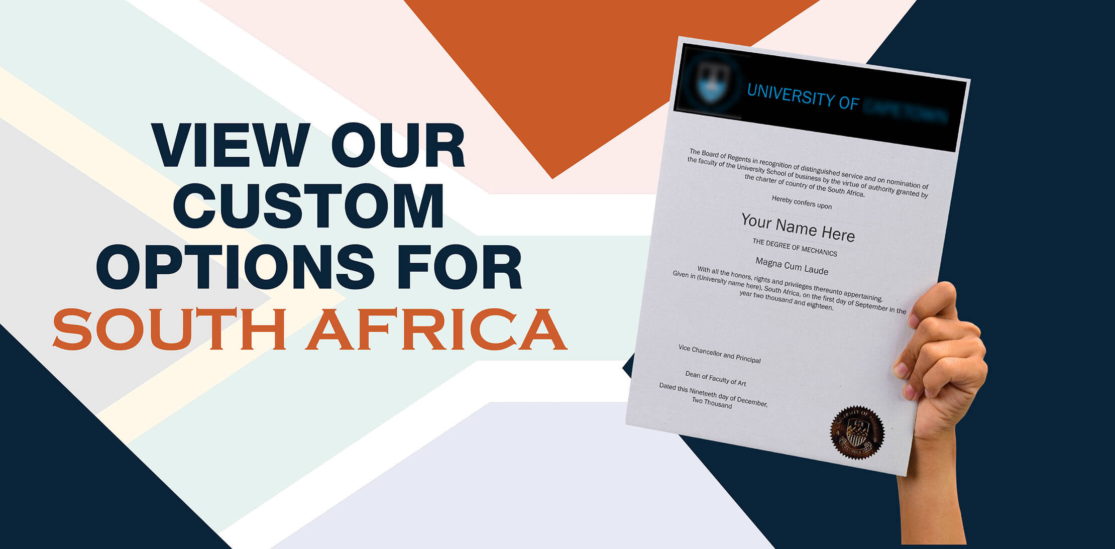 hands holding high quality realistic fake South Africa degrees from Diploma Company Australia!