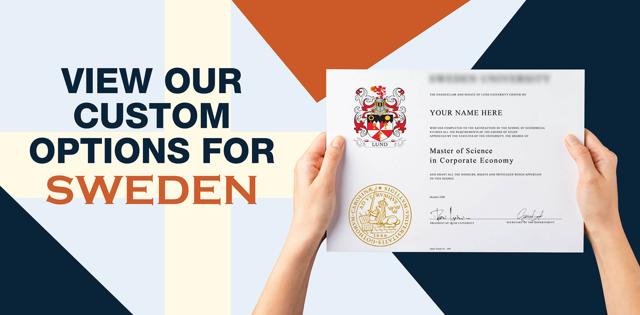 hands holding high quality realistic fake Sweden degrees from Diploma Company UK!