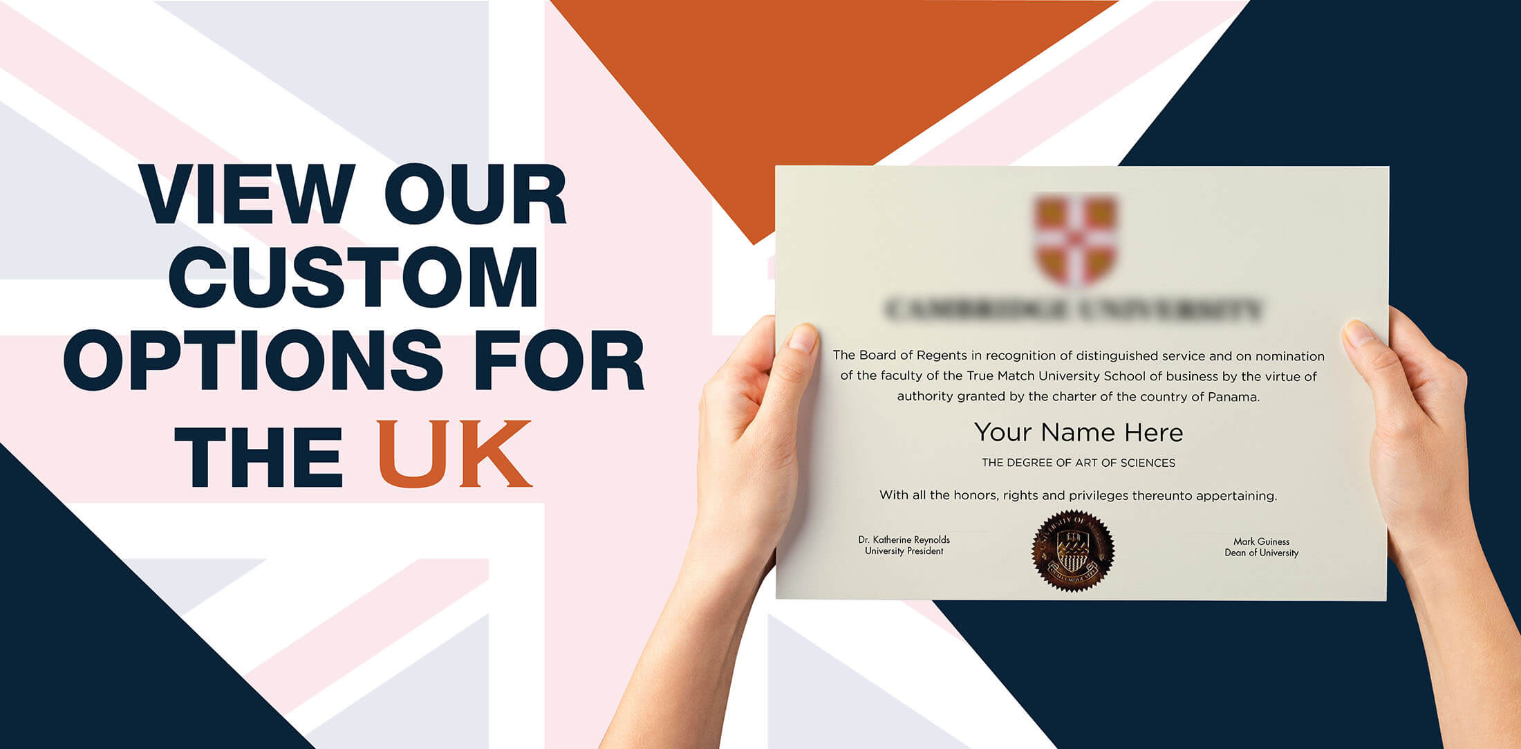 hands holding high quality realistic fake United Kingdom degrees from Diploma Company Canada!