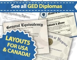 An assortment of fake GED diplomas from testing centers across USA & Canada from DiplomaCompany.com