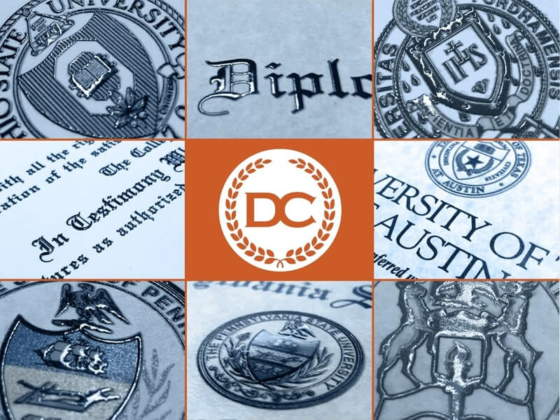 collage of replica diploma photographs and their crests and seals taken from different angles