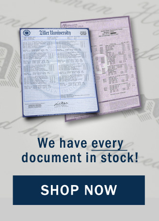 two transcripts with text 'We have every document in stock'. Shop fake diplomas, certificates, and degrees