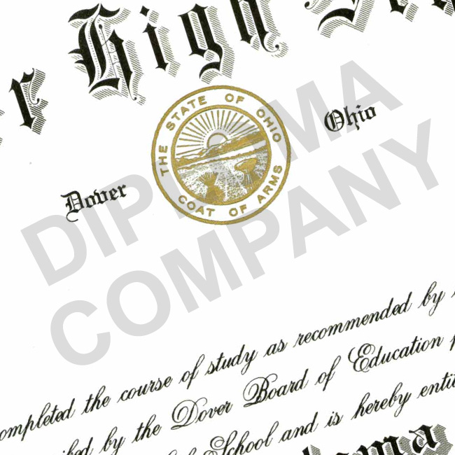 image of a 1984 high school diploma from dover ohio shiny shiny gold embossed state seal