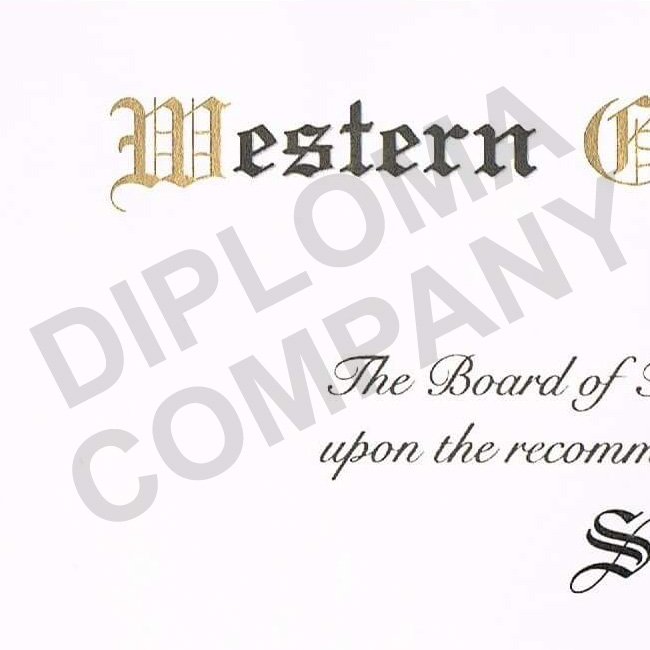 Upclose image of a Western College University diploma featuring shiny gold lettering in school name